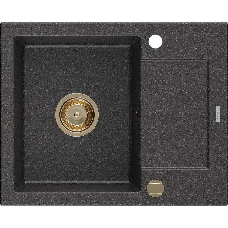 Mexen Enzo granitový dřez 1-komorový s odkapávačem 576 x 465 mm, černý skvrnitý, sifon zlatý - 6506571005-76-G