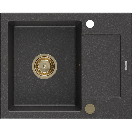 Mexen Enzo granitový dřez 1-komorový s odkapávačem 576 x 465 mm, černý kropenatý, sifon zlatý - 6506571005-76-G