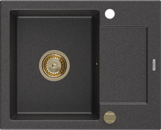 Mexen Enzo granitový dřez 1-komorový s odkapávačem 576 x 465 mm, černý kropenatý, sifon zlatý - 6506571005-76-G