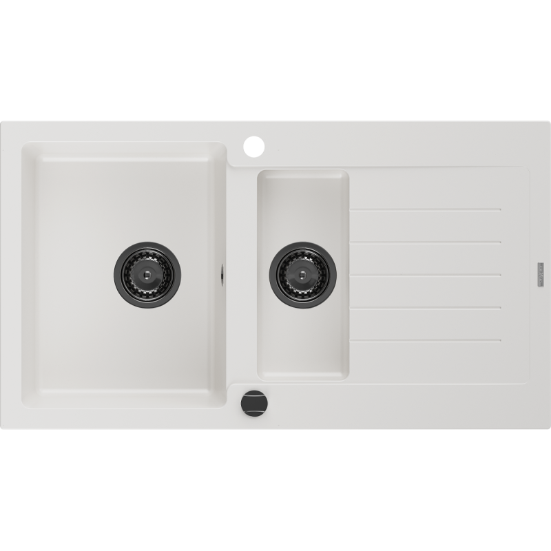 Mexen Matias žulový dřez 1,5 komory s odkapávačem 900 x 505 mm, bílý, černý sifon - 6502901505-20-B