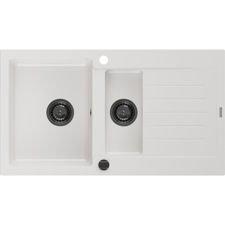 Mexen Matias žulový dřez 1,5 komory s odkapávačem 900 x 505 mm, bílý, černý sifon - 6502901505-20-B