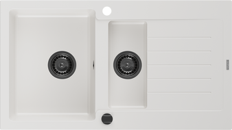 Mexen Matias žulový dřez 1,5 komory s odkapávačem 900 x 505 mm, bílý, černý sifon - 6502901505-20-B