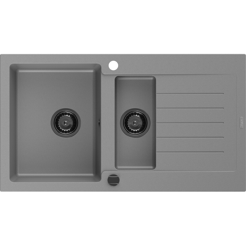 Mexen Matias granitový dřez 1,5-komorový s odkapávačem 900 x 505 mm, šedý, černý sifon - 6502901505-71-B