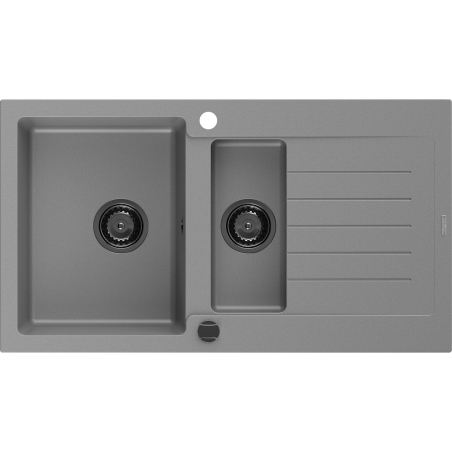 Mexen Matias granitový dřez 1,5-komorový s odkapávačem 900 x 505 mm, šedý, černý sifon - 6502901505-71-B