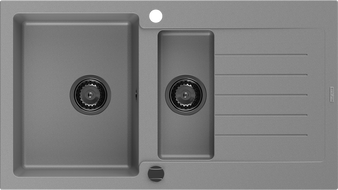 Mexen Matias granitový dřez 1,5-komorový s odkapávačem 900 x 505 mm, šedý, černý sifon - 6502901505-71-B