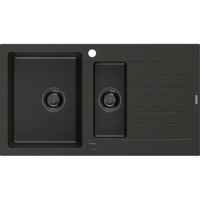 Mexen Matias žulový dřez 1,5-komorový s odkapávačem 900 x 505 mm, černý/zlatý metalik, černý sifon - 6502901505-75-B