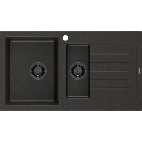 Mexen Matias žulový dřez 1,5-komorový s odkapávačem 900 x 505 mm, černý/zlatý metalik, černý sifon - 6502901505-75-B