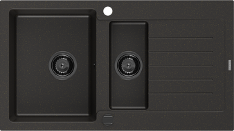 Mexen Matias žulový dřez 1,5-komorový s odkapávačem 900 x 505 mm, černý/zlatý metalik, černý sifon - 6502901505-75-B