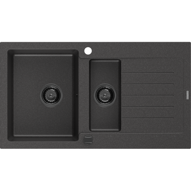 Mexen Matias žulový dřez 1,5-komorový s odkapávačem 900 x 505 mm, černý kropenatý, černý sifon - 6502901505-76-B