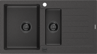 Mexen Matias žulový dřez 1,5-komorový s odkapávačem 900 x 505 mm, černý kropenatý, černý sifon - 6502901505-76-B
