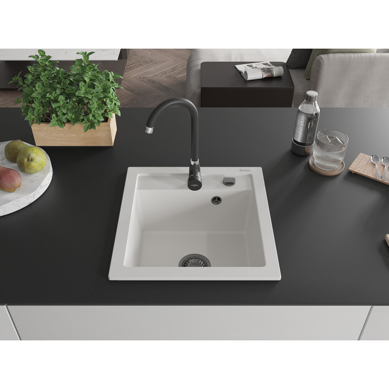 Mexen Vito granitový dřez s jednou vaničkou 520 x 490 mm, bílý, černý sifon - 6503521000-20-B