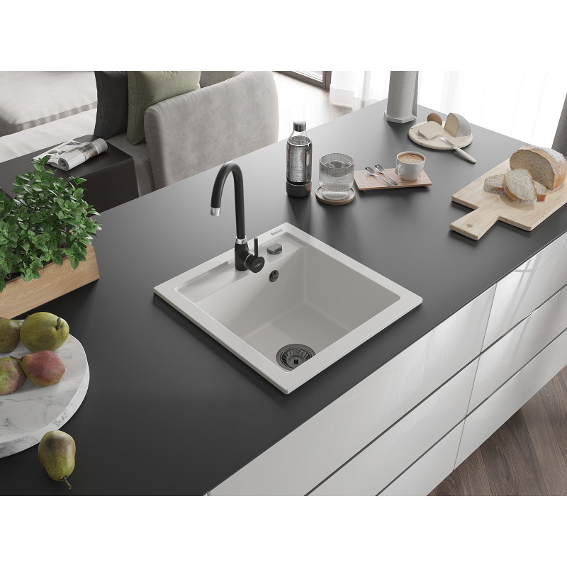 Mexen Vito granitový dřez 1-komorový 520 x 490 mm, bílý, černý sifon - 6503521000-20-B