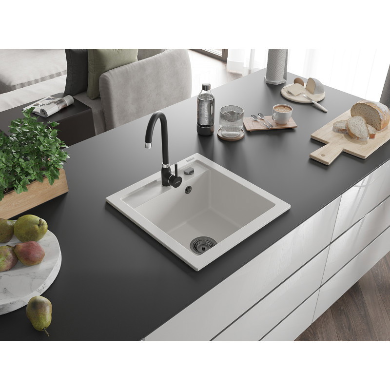 Mexen Vito granitový dřez s jednou vaničkou 520 x 490 mm, bílý, černý sifon - 6503521000-20-B