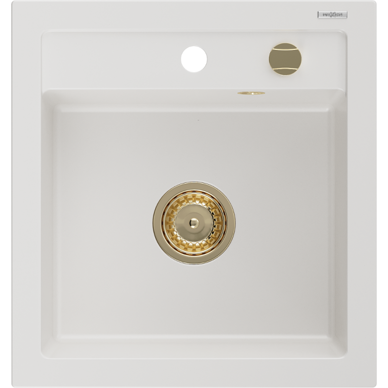 Mexen Vito granitový dřez 1-komorový 520 x 490 mm, bílý, sifon zlatý - 6503521000-20-G