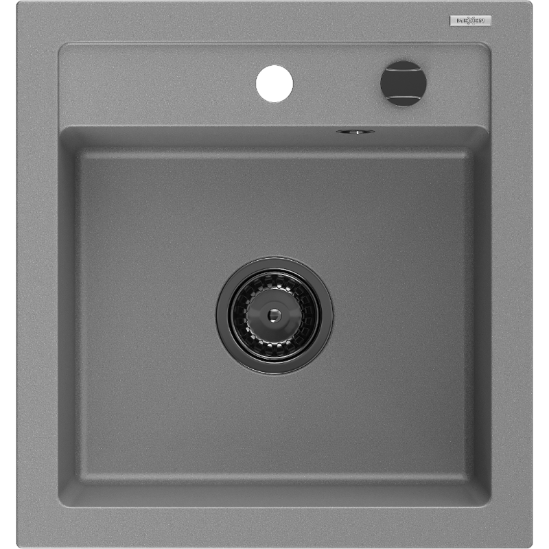 Mexen Vito granitový dřez 1-komorový 520 x 490 mm, šedý, černý sifon - 6503521000-71-B