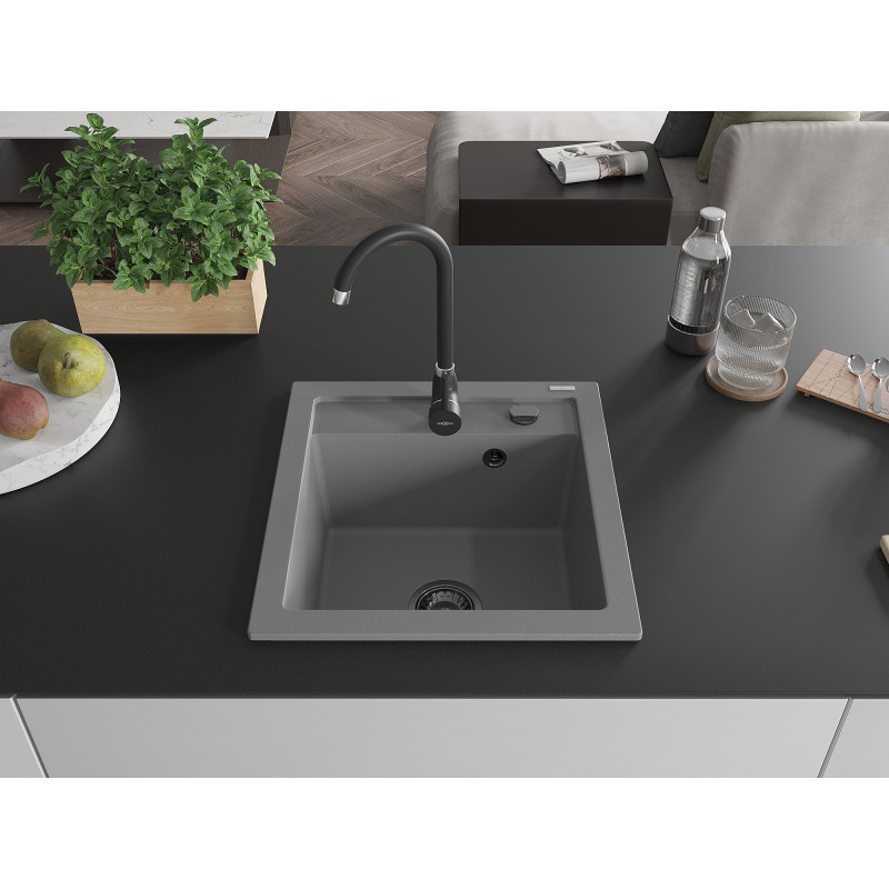Mexen Vito granitový dřez jednokomorový 520 x 490 mm, šedý, černý sifon - 6503521000-71-B