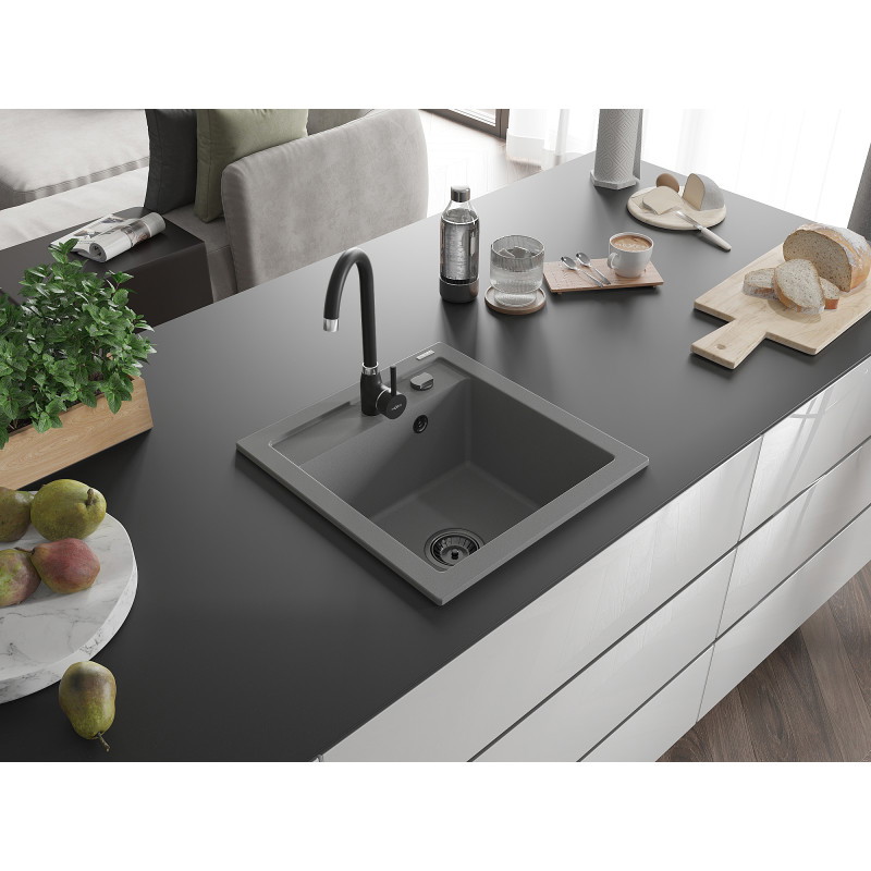 Mexen Vito granitový dřez jednokomorový 520 x 490 mm, šedý, černý sifon - 6503521000-71-B