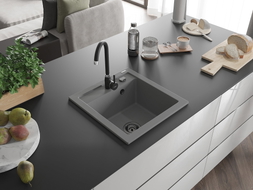 Mexen Vito granitový dřez 1-komorový 520 x 490 mm, šedý, sifon černý - 6503521000-71-B
