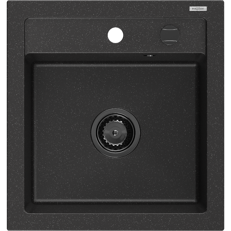 Mexen Vito granitový dřez 1-komorový 520 x 490 mm, černý/stříbrný metalický, černý sifon - 6503521000-73-B