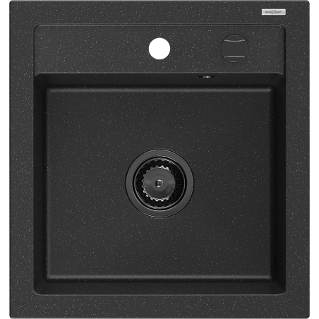 Mexen Vito granitový dřez 1-komorový 520 x 490 mm, černý/stříbrný metalický, černý sifon - 6503521000-73-B