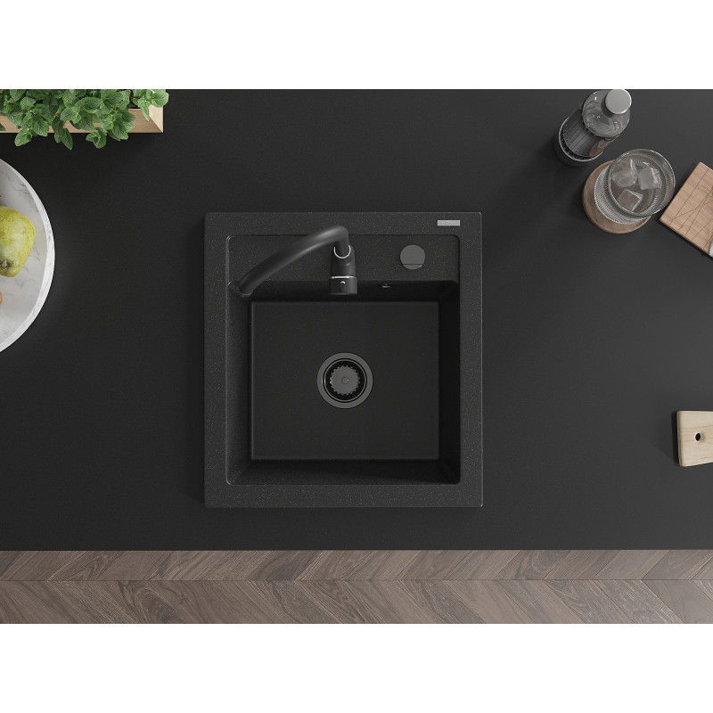 Mexen Vito granitový dřez 1-komorový 520 x 490 mm, černý/stříbrný metalický, černý sifon - 6503521000-73-B