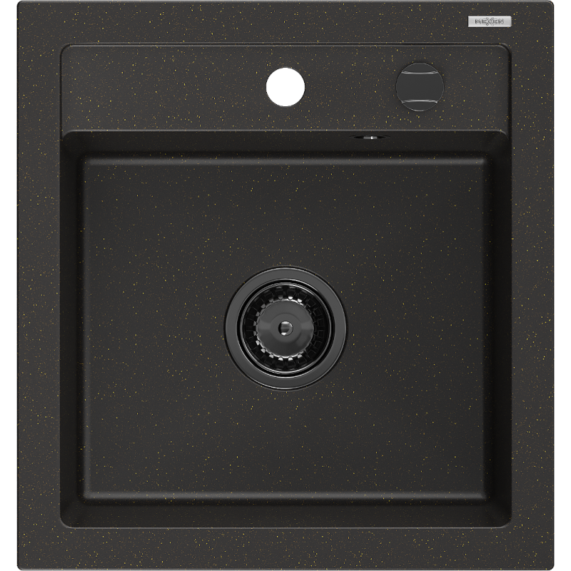 Mexen Vito granitový dřez 1-komorový 520 x 490 mm, černý/zlatý metalik, černý sifon - 6503521000-75-B