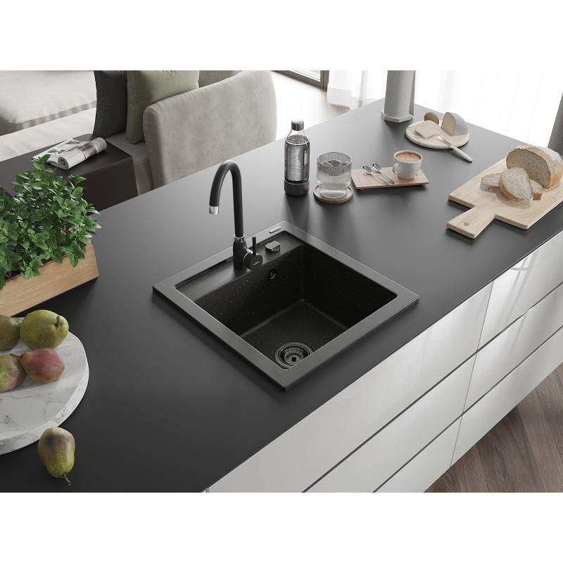 Mexen Vito žulový dřez s jednou komorou 520 x 490 mm, černý/zlatý metalik, černý sifon - 6503521000-75-B