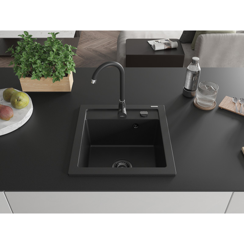 Mexen Vito granitový dřez s 1 komorou, 520 x 490 mm, černý, černý sifon - 6503521000-77-B