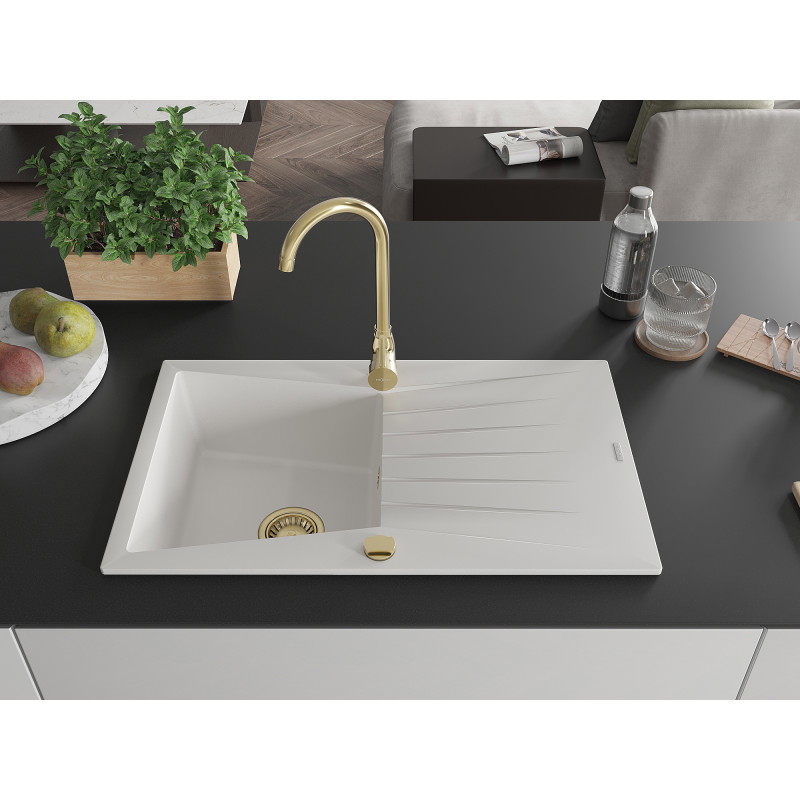 Mexen Cesar granitový dřez s 1 komorou a odkapávačem 775 x 470 mm, bílý, zlatý sifon - 6514771010-20-G