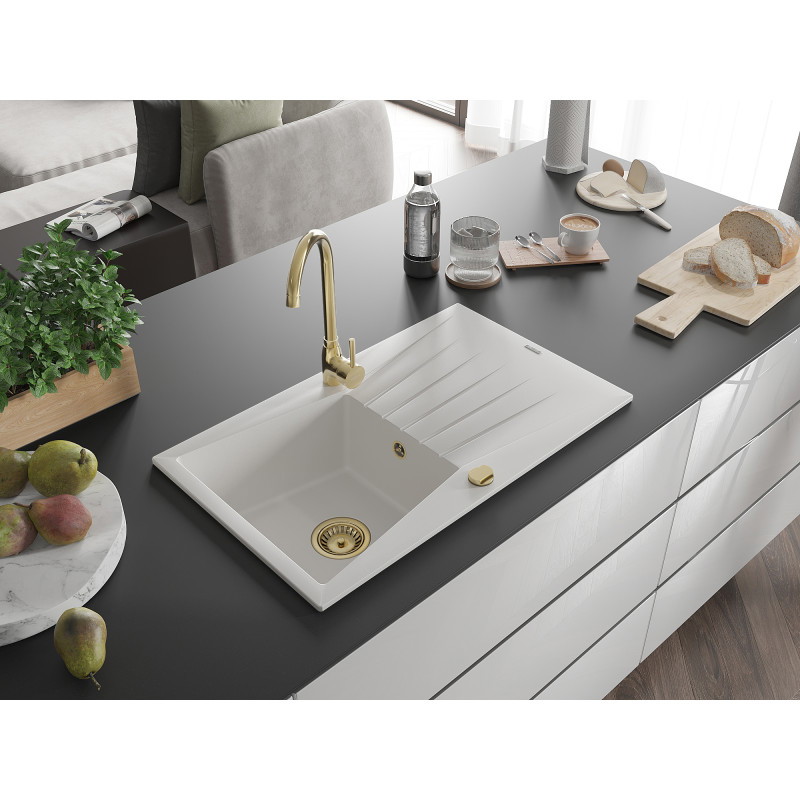 Mexen Cesar granitový dřez s 1 komorou a odkapávačem 775 x 470 mm, bílý, zlatý sifon - 6514771010-20-G