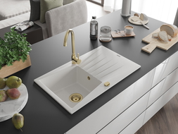 Mexen Cesar granitový dřez 1-komorový s odkapávačem 775 x 470 mm, bílý, zlatý sifon - 6514771010-20-G