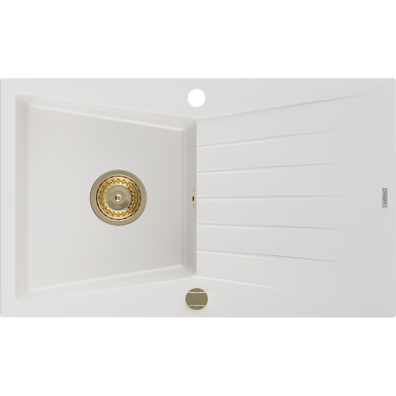 Mexen Cesar granitový dřez 1-komorový s odkapávačem 775 x 470 mm, bílý, zlatý sifon - 6514771010-20-G