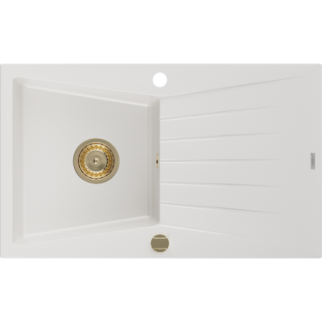 Mexen Cesar granitový dřez 1-komorový s odkapávačem 775 x 470 mm, bílý, zlatý sifon - 6514771010-20-G