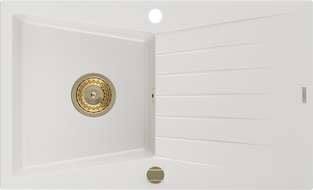 Mexen Cesar granitový dřez 1-komorový s odkapávačem 775 x 470 mm, bílý, zlatý sifon - 6514771010-20-G