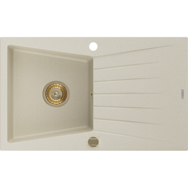 Mexen Cesar granitový dřez 1-komorový s odkapávačem 775 x 470 mm, béžový, zlatý sifon - 6514771010-69-G