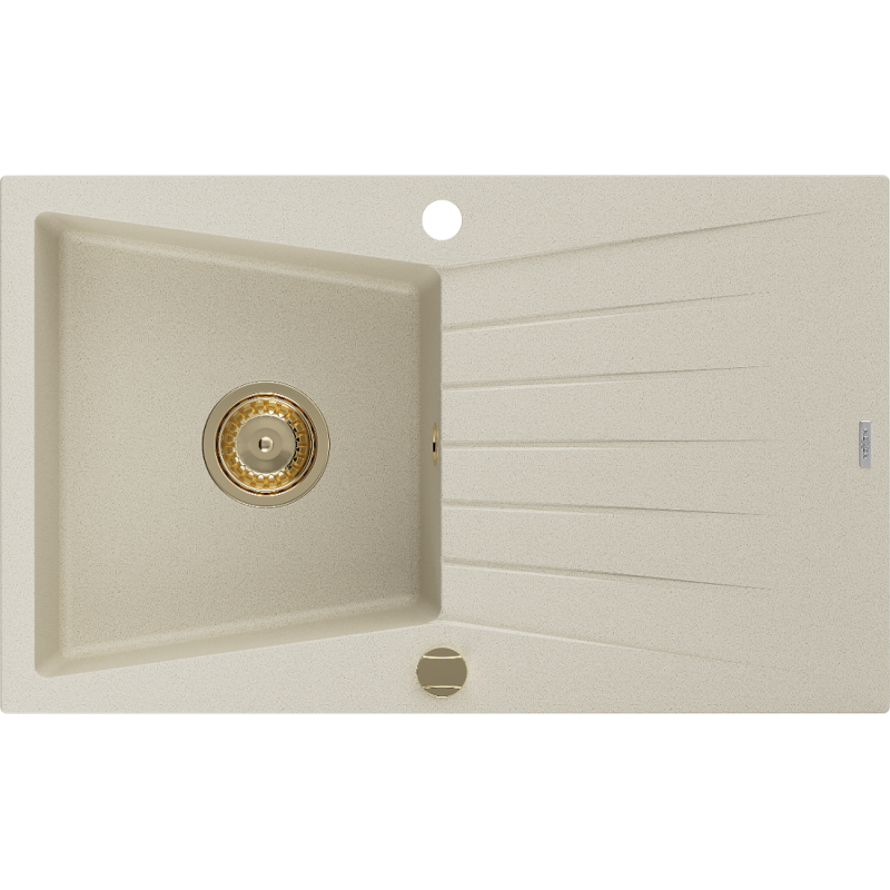 Mexen Cesar žulový dřez 1-komorový s odkapávačem 775 x 470 mm, béžový, zlatý sifon - 6514771010-69-G