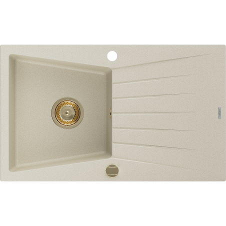 Mexen Cesar žulový dřez 1-komorový s odkapávačem 775 x 470 mm, béžový, zlatý sifon - 6514771010-69-G