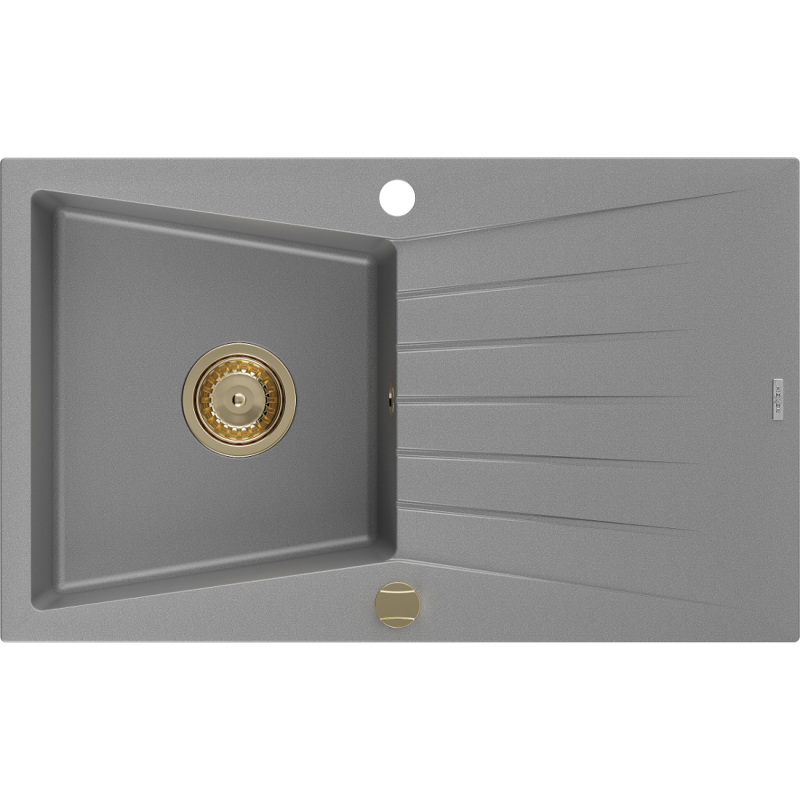Mexen Cesar dřez granitový 1-komorový s odkapávačem 775 x 470 mm, šedý, sifon zlatý - 6514771010-71-G
