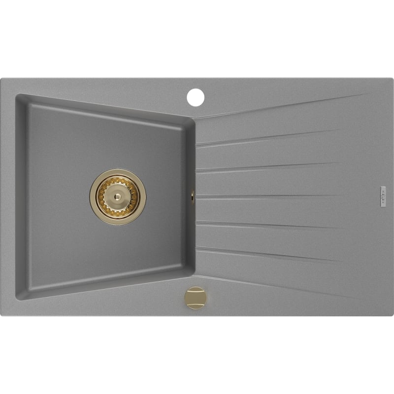 Mexen Cesar granitový dřez 1-komorový s odkapávačem 775 x 470 mm, šedý, sifon zlatý - 6514771010-71-G