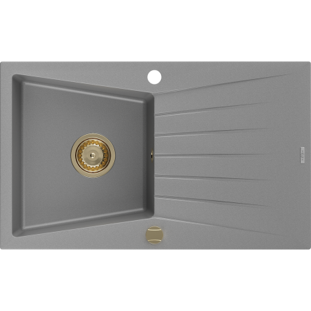 Mexen Cesar dřez granitový 1-komorový s odkapávačem 775 x 470 mm, šedý, sifon zlatý - 6514771010-71-G