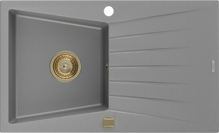 Mexen Cesar dřez granitový 1-komorový s odkapávačem 775 x 470 mm, šedý, sifon zlatý - 6514771010-71-G