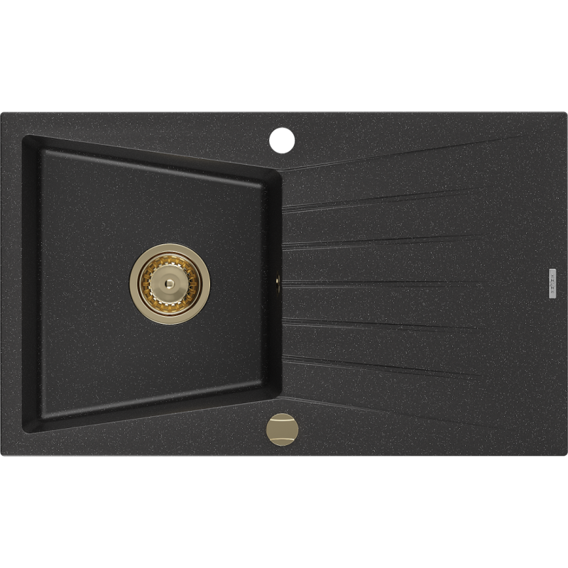 Mexen Cesar žulový dřez 1-komorový s odkapávačem 775 x 470 mm, černý/stříbrný metalik, sifon zlatý - 6514771010-73-G
