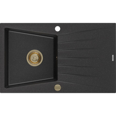 Mexen Cesar žulový dřez 1-komorový s odkapávačem 775 x 470 mm, černý/stříbrný metalik, sifon zlatý - 6514771010-73-G