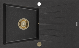 Mexen Cesar žulový dřez 1-komorový s odkapávačem 775 x 470 mm, černý/stříbrný metalik, sifon zlatý - 6514771010-73-G