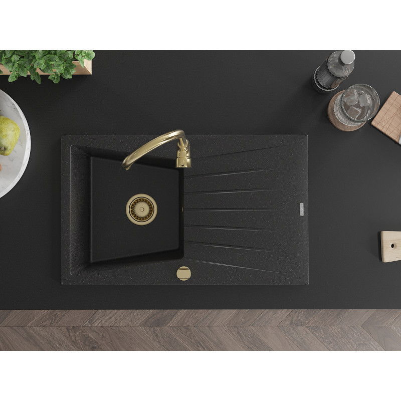Mexen Cesar žulový dřez 1-komorový s odkapávačem 775 x 470 mm, černý/stříbrný metalik, sifon zlatý - 6514771010-73-G