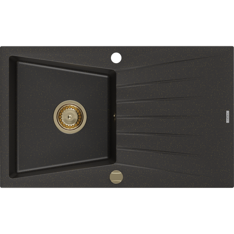 Mexen Cesar granitový dřez 1-komorový s odkapávačem 775 x 470 mm, černý/zlatý metalický, sifon zlatý - 6514771010-75-G
