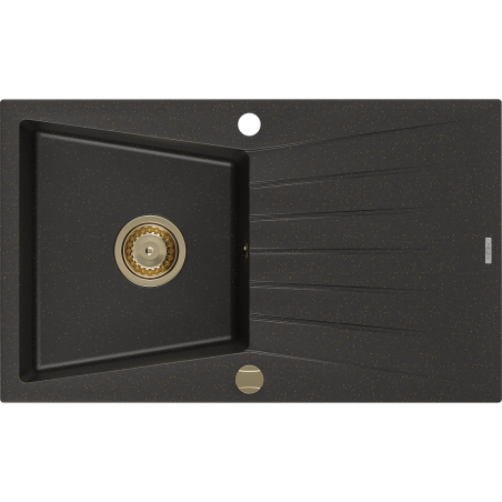 Mexen Cesar granitový dřez 1-komorový s odkapávačem 775 x 470 mm, černý/zlatý metalický, sifon zlatý - 6514771010-75-G