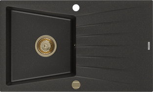Mexen Cesar granitový dřez 1-komorový s odkapávačem 775 x 470 mm, černý/zlatý metalický, sifon zlatý - 6514771010-75-G