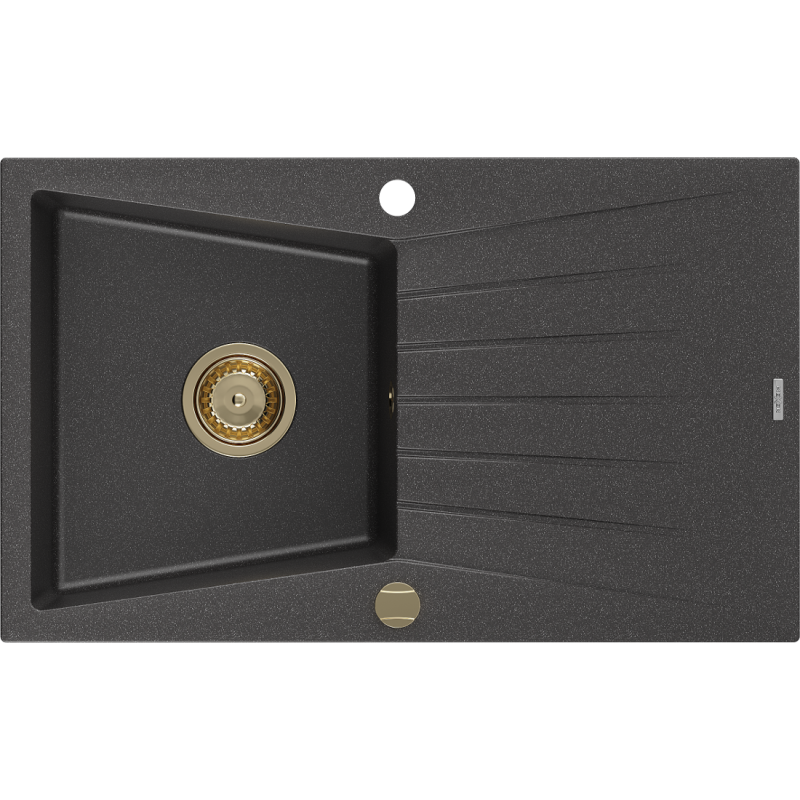 Mexen Cesar granitový dřez s odkapávačem 1-komorový 775 x 470 mm, černý skvrnitý, sifon zlatý - 6514771010-76-G