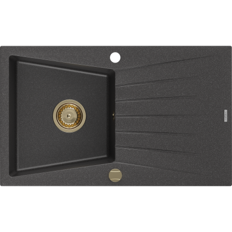 Mexen Cesar granitový dřez s odkapávačem 1-komorový 775 x 470 mm, černý skvrnitý, sifon zlatý - 6514771010-76-G